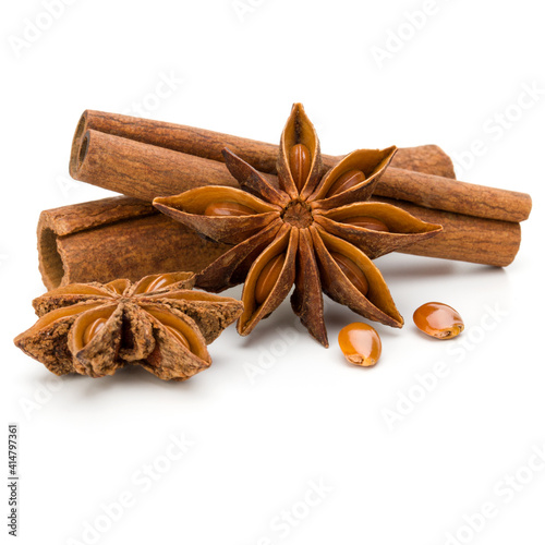 Cinnamon sticks and anise star isolated on white background close up
