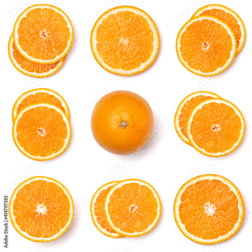 Seamless pattern of orange fruit slices. Orange slices isolated on white background. Food background. Flat lay  top view.