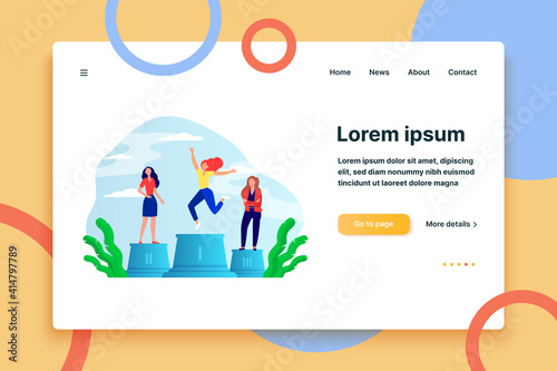 Three leaders standing on podium. Winner celebrating success, second and third place flat vector illustration. Competition, prize, success concept for banner, website design or landing web page