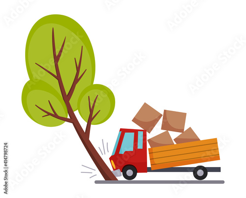 Accident on road car damaged. Road accident icon. Truck crash when met a tree. Damaged vehicle insurance. Damaged auto. Not recoverable. Good for advertising an insurance company