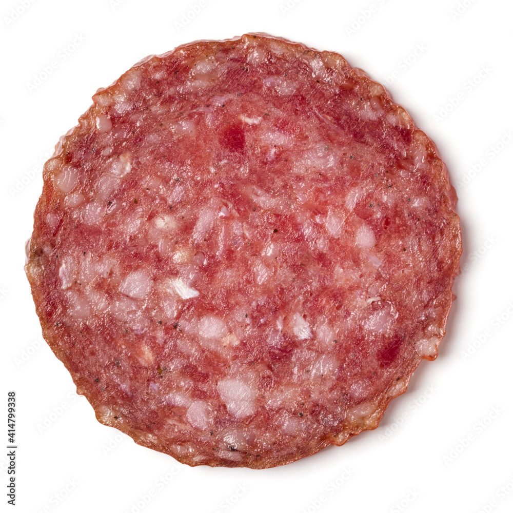 Slice of salami isolated on white background closeup.