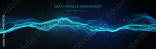 Data mining and management. Flow banner data transfer science illustration. Digital information network connection. Finance concept business software blue technology background. Vector illustration