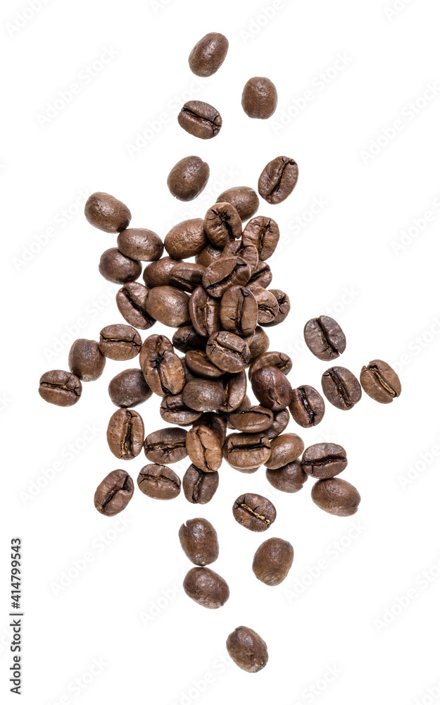 Coffee beans isolated on white background. Top view. Flat lay. Coffee beans flow in air, without shadow. Coffee beans isolated on white background. Top view. Flat lay. Coffee beans flow in air, without shadow.