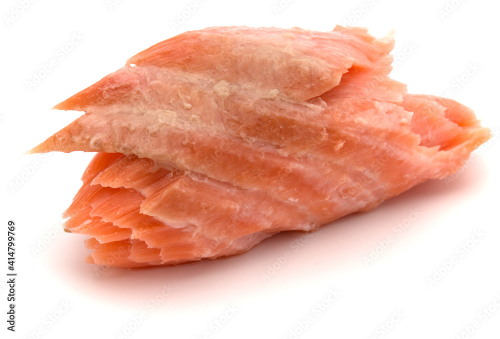 smoked salmon segments isolated on white background cutout. Prepared fish fillet fibres. smoked salmon segments isolated on white background cutout. Prepared fish fillet fibres.