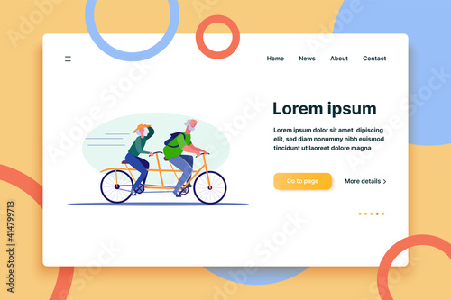 Two people riding tandem bike. People spending time together flat vector illustration. Leisure activity, hobby concept for banner, website design or landing web page.