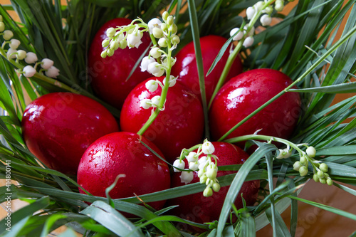 Red Easter eggs with flowers