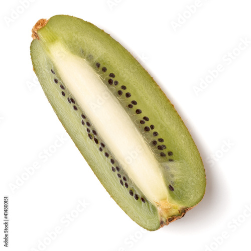 Cut along two slices of kiwi fruit isolated on white background closeup. Flat lay, top view.