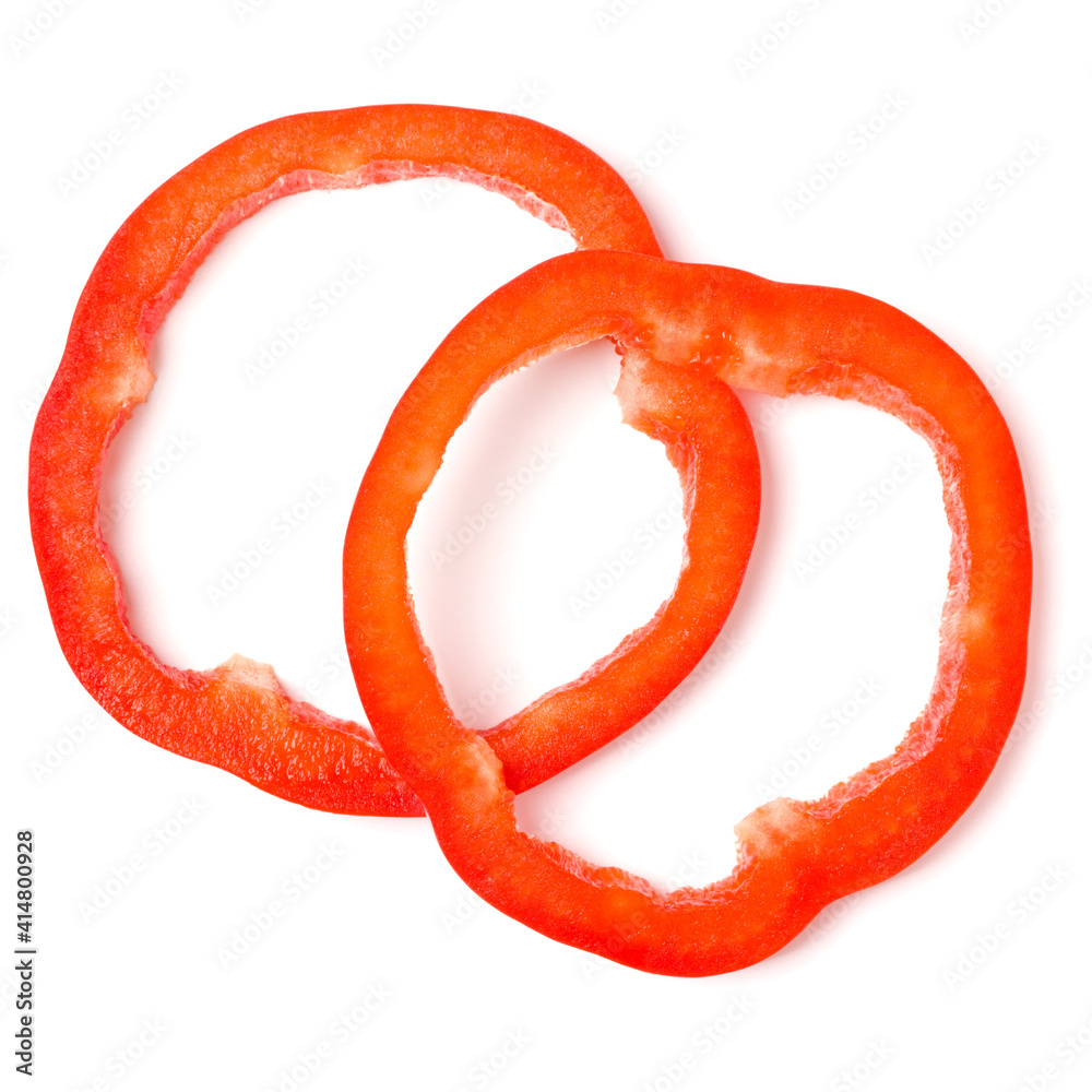red pepper slices isolated on white background cutout. Top view, flat lay. red pepper slices isolated on white background cutout. Top view, flat lay.