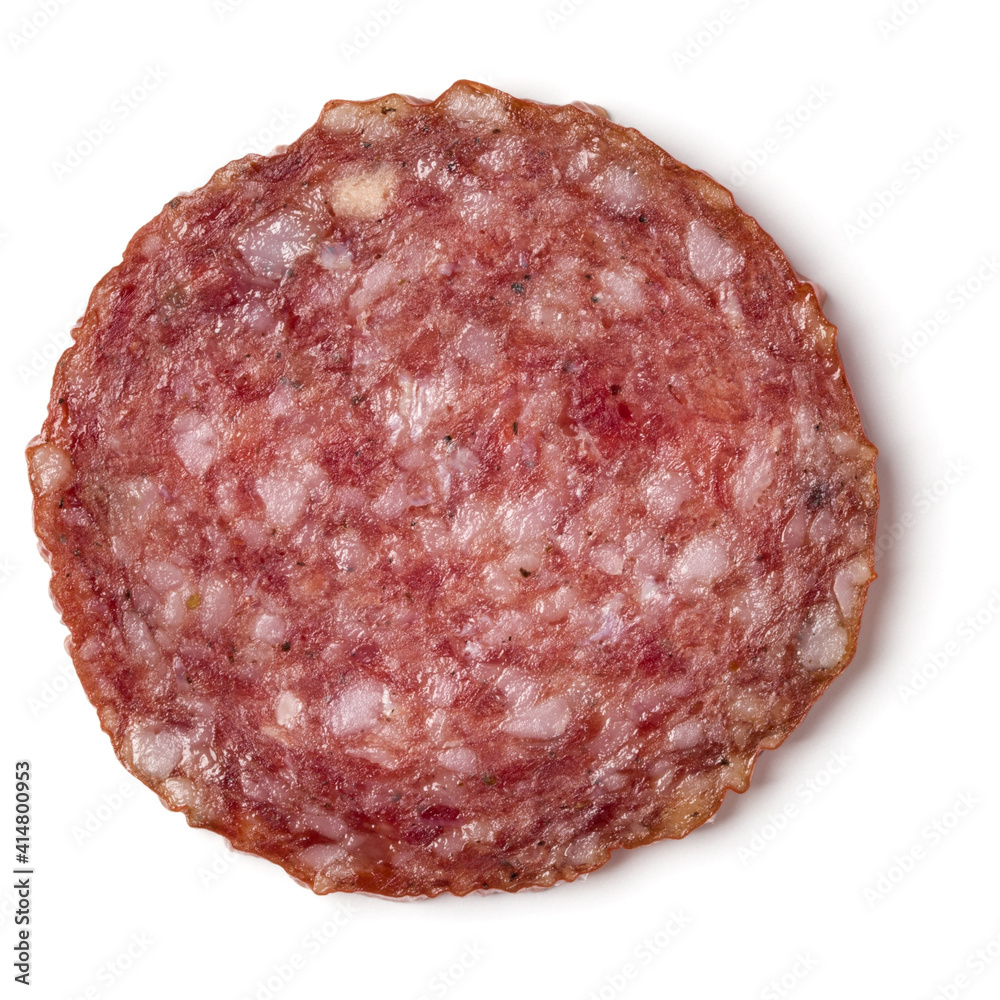 Slice of salami isolated on white background closeup.