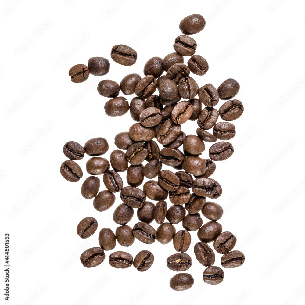 Coffee beans isolated on white background. Top view. Flat lay. Coffee beans flow in air, without shadow. Coffee beans isolated on white background. Top view. Flat lay. Coffee beans flow in air, without shadow.