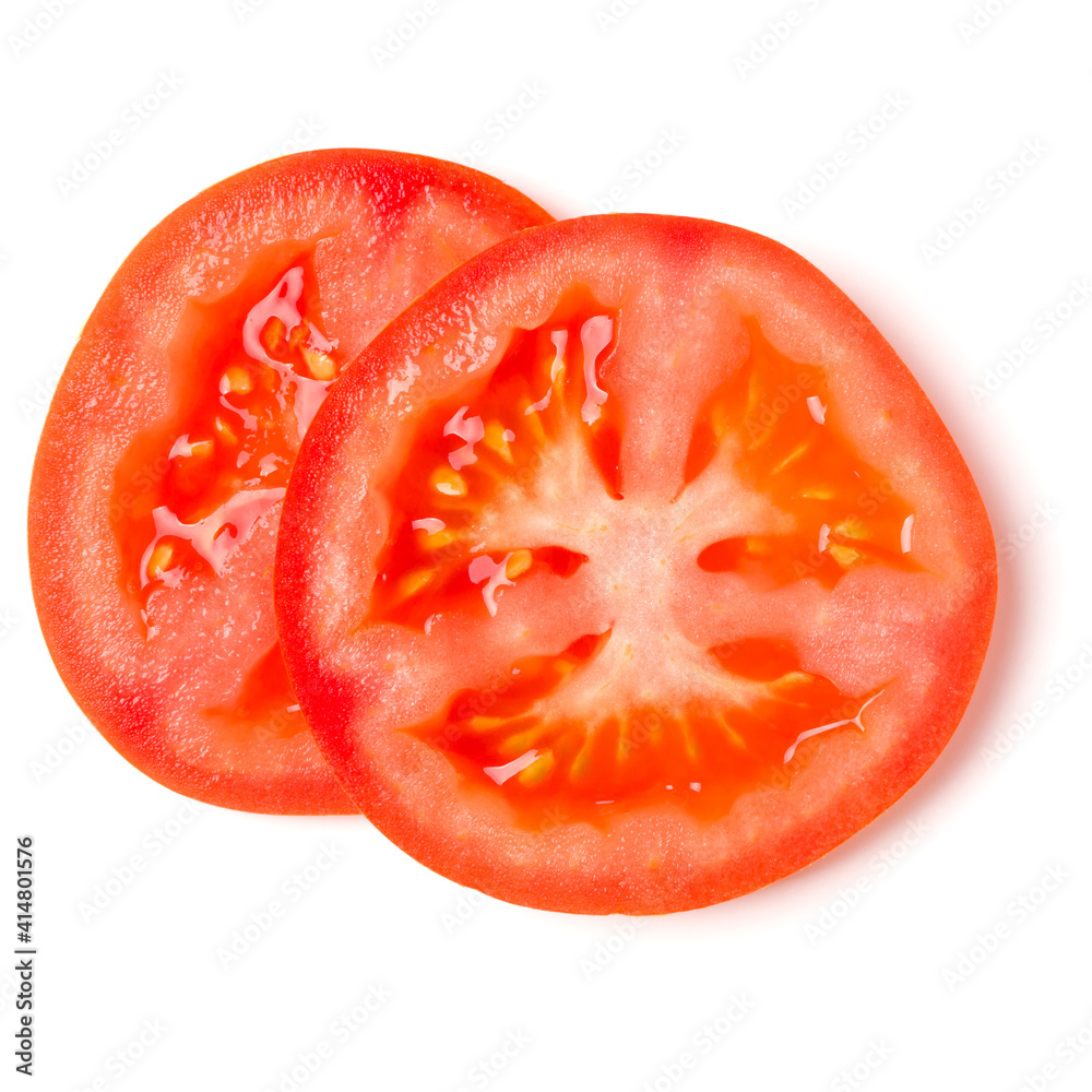 Slices of tomato isolated on white background. Top view, flat lay.