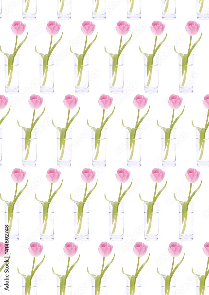 Pink tulip  in vase . Seamless pattern.