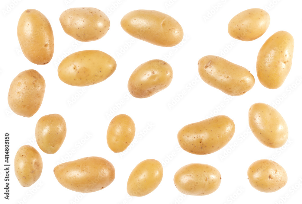 Potatoes isolated on white background. Top view. Flat lay pattern. Potatoes in air, without shadow. Potatoes isolated on white background. Top view. Flat lay pattern. Potatoes in air, without shadow.