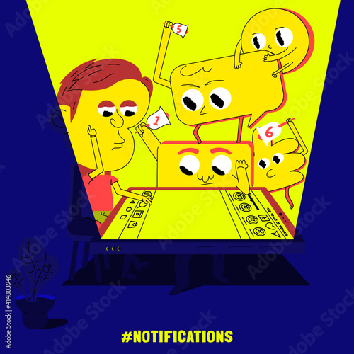 Personaje que mira su celular (que tiene forma de mesa) y está revisando sus notificaciones de redes sociales, a su vez acompañado de los íconos de las redes en forma de c secundaria