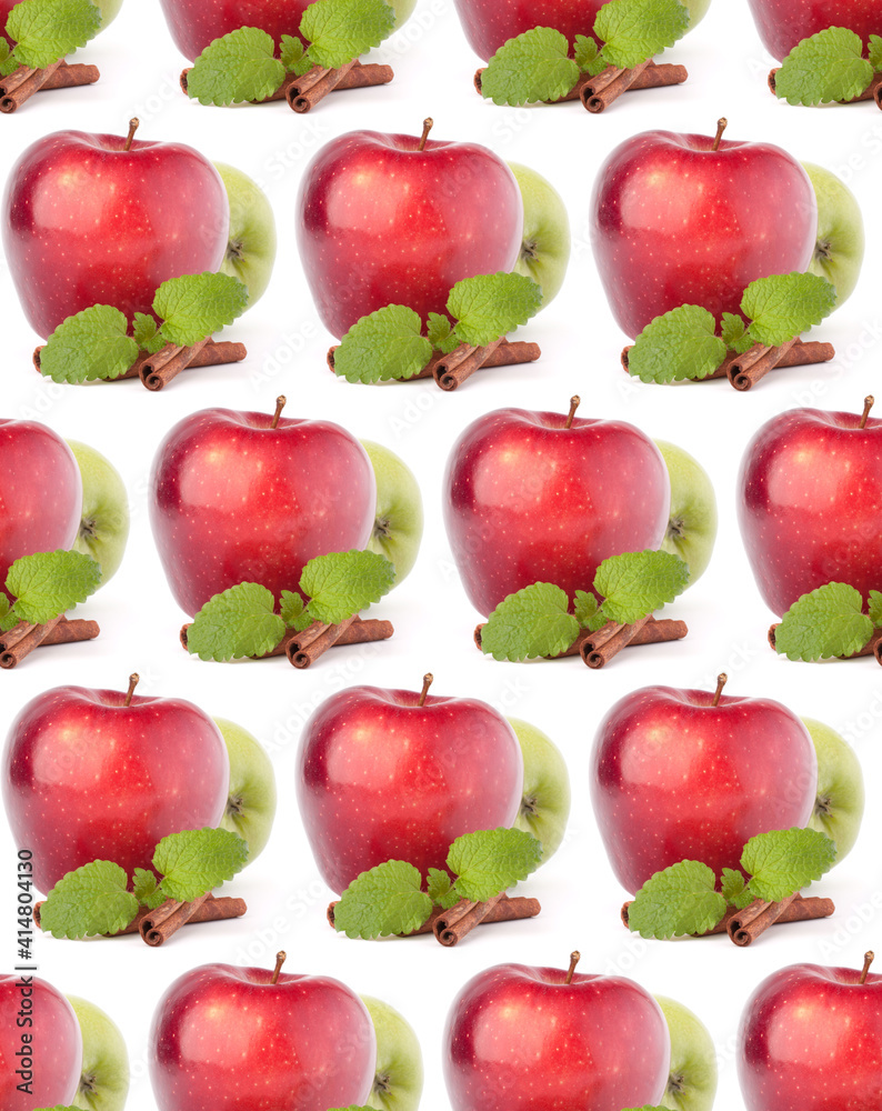 Red and green apples, cinnamon sticks and mint leaves still life . Seamless food pattern. Red and green apples, cinnamon sticks and mint leaves still life . Seamless food pattern.