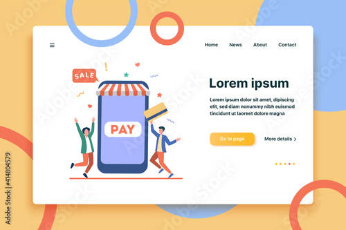 Tiny young guys paying with plastic card via mobile app. Smartphone, online, store flat vector illustration. Shopping and digital technology concept for banner, website design or landing web page