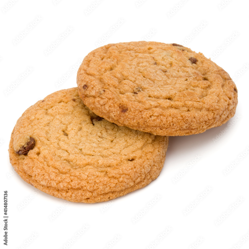 Two Chocolate chip cookies isolated on white background. Sweet biscuits. Homemade pastry. Two Chocolate chip cookies isolated on white background. Sweet biscuits. Homemade pastry.