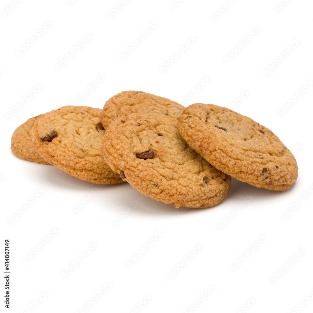 Chocolate chip cookies isolated on white background. Sweet biscuits. Homemade pastry.