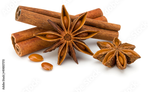 Cinnamon sticks and anise star isolated on white background close up