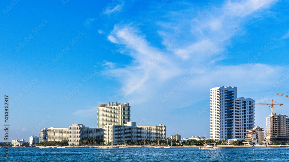 Urban skyline of Miami city seen from the Biscayne Bay, Florida, USA