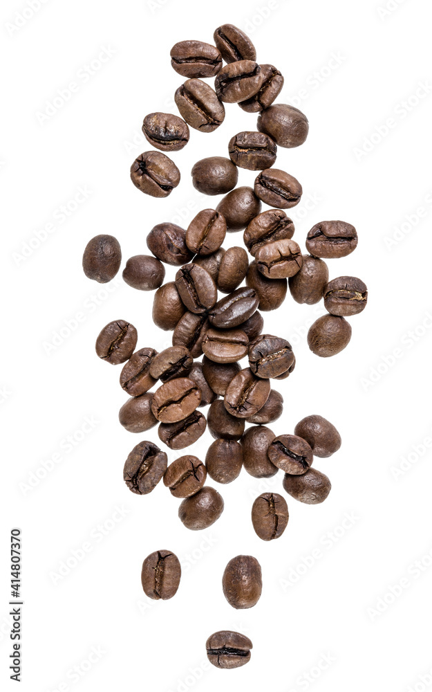 Obraz premium Coffee beans isolated on white background. Top view. Flat lay. Coffee beans flow in air, without shadow.