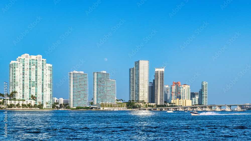 Urban skyline of Miami city seen from the Biscayne Bay, Florida, USA Urban skyline of Miami city seen from the Biscayne Bay, Florida, USA