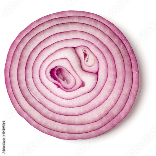 Slice of red Onion isolated on white background. Top view, flat lay.