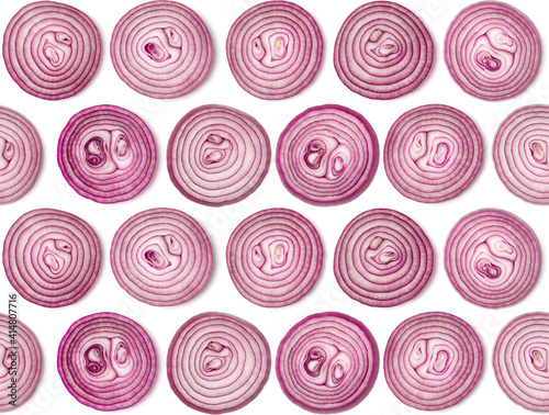 Creative layout made of onion slices. Flat lay, top view. Vegetables isolated over white background. Food ingredient seamless pattern.