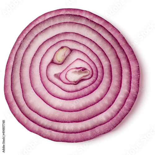 Slice of red Onion isolated over white background. Top view, flat lay.
