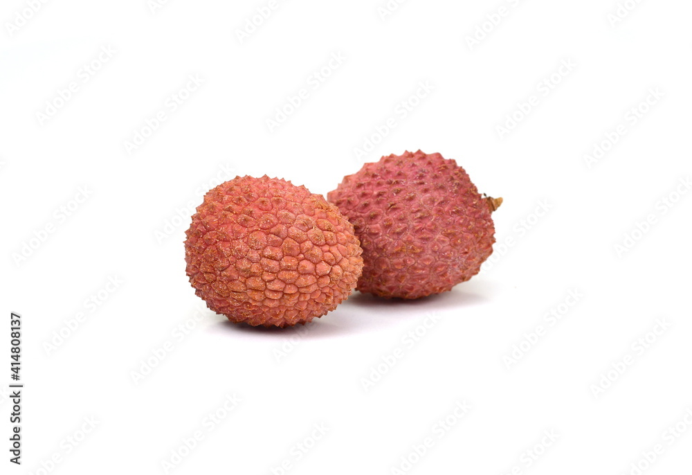 Lychee with leaves isolated on white background. Tropical fruit Lychee with leaves isolated on white background. Tropical fruit