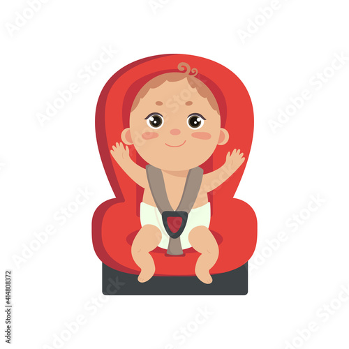 Baby boy in car chair. Cute little fastened boy sitting in automobile seat. Front view of carseat. Vector flat style illustration on white background. 