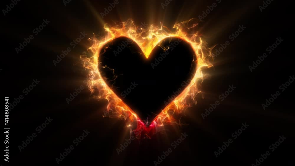 Red Golden color glowing burning heart shape Valentine's Day love card. Vivid colored smoke flame. Romantic lovely logo copy space animation. Isolated on black alpha copyspace 4k 60fps