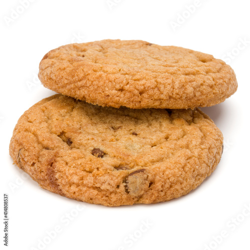 Two Chocolate chip cookies isolated on white background. Sweet biscuits. Homemade pastry..