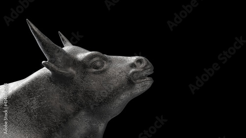Scattered metallic bull sculpture. Sculpted casting depicting a bull in dramatic contrasting light representing financial market trends under spot light. 3D illustration. 3D high quality rendering.
