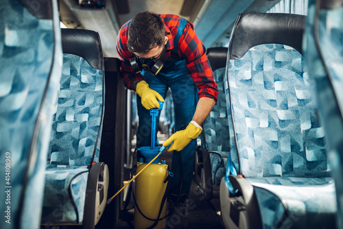 Professional chemical cleaning of bus seats. Bus disinfection.