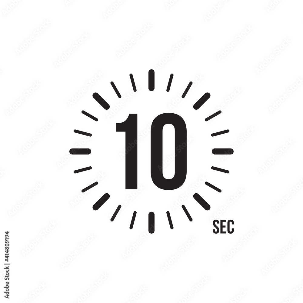 Flat icon with black timer 10 seconds. Flat vector illustration. Time icon symbol illustration. Vector stopwatch icon. Vector illustration graphic design. Flat icon with black timer 10 seconds. Flat vector illustration. Time icon symbol illustration. Vector stopwatch icon. Vector illustration graphic design.