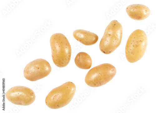 Potato isolated on white background with copy space for your text. Top view. Flat lay pattern. Potatoes in air, without shadow..