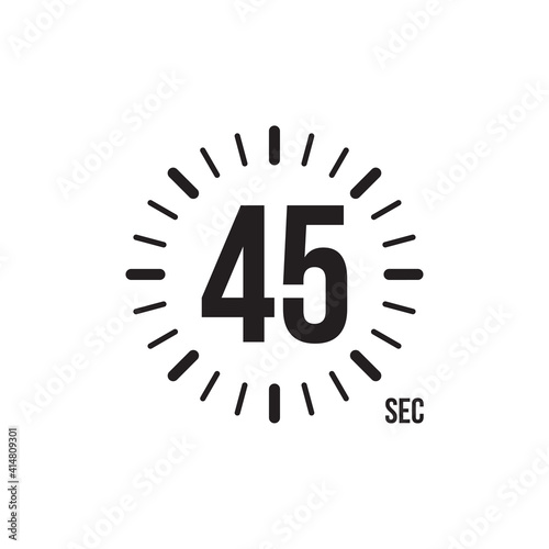 Flat icon with black timer 45 seconds. Flat vector illustration. Time icon symbol illustration. Vector stopwatch icon. Vector illustration graphic design.
