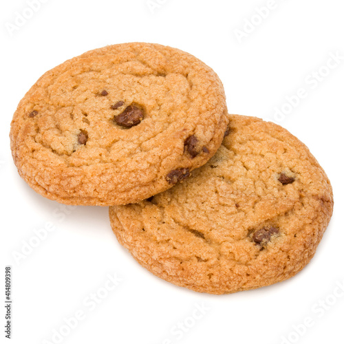 Two Chocolate chip cookies isolated on white background. Sweet biscuits. Homemade pastry...
