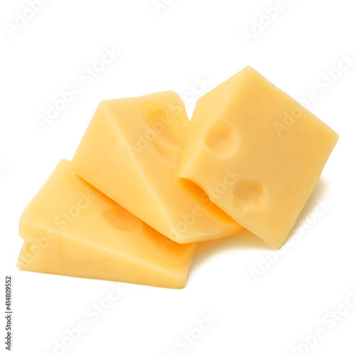 Cubes of cheese. Cheese block isolated on white background cutout..