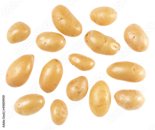 Potatoes isolated on white background. Top view. Flat lay pattern. Potatoes in air, without shadow...