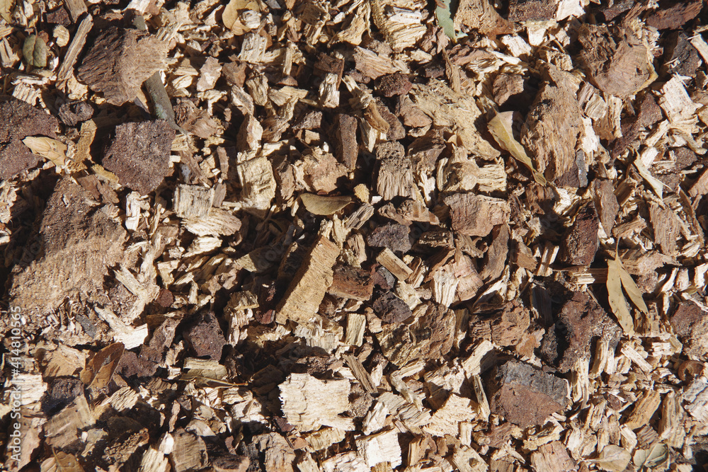 High angle full frame close-up view from directly above of an area of rough wood chips High angle full frame close-up view from directly above of an area of rough wood chips