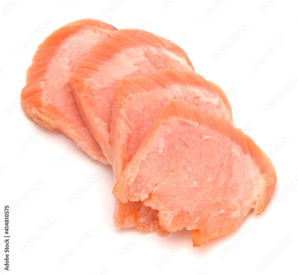 smoked salmon segments isolated over white background cutout. Prepared fish fillet fibres. . smoked salmon segments isolated over white background cutout. Prepared fish fillet fibres. .