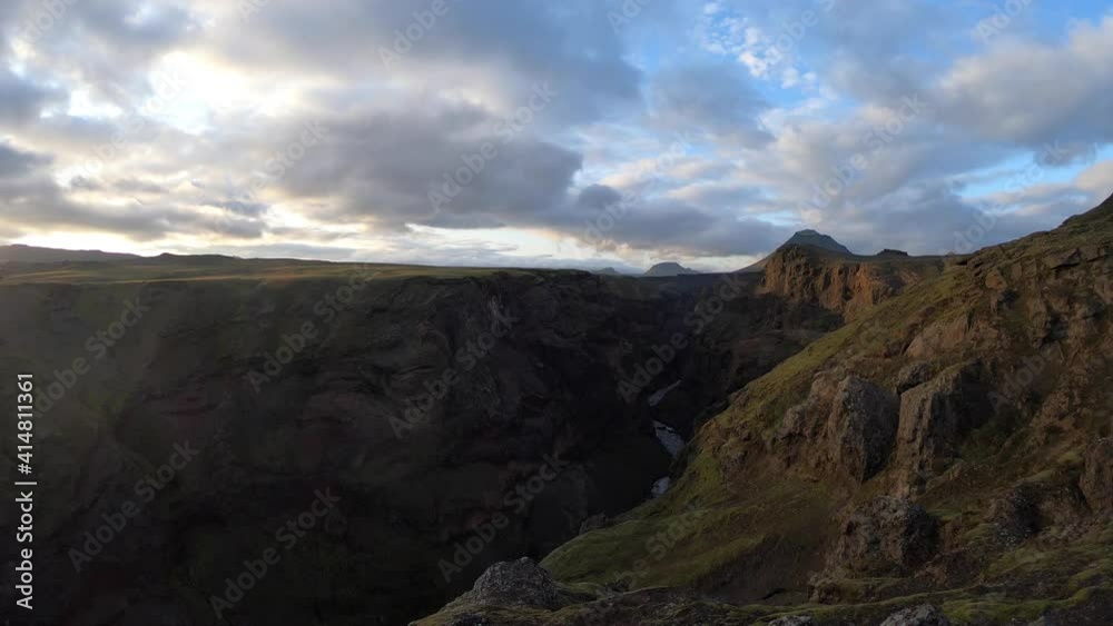 Timelapse of sunset over Markarfljotsgljufur canyon on the Laugavegur hiking trail in Iceland Timelapse of sunset over Markarfljotsgljufur canyon on the Laugavegur hiking trail in Iceland