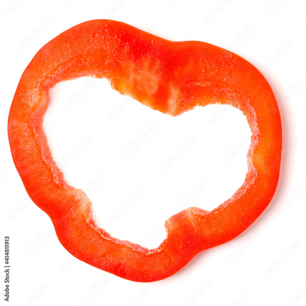 Red pepper slice isolated over white background cutout. Top view, flat lay.. Red pepper slice isolated over white background cutout. Top view, flat lay..
