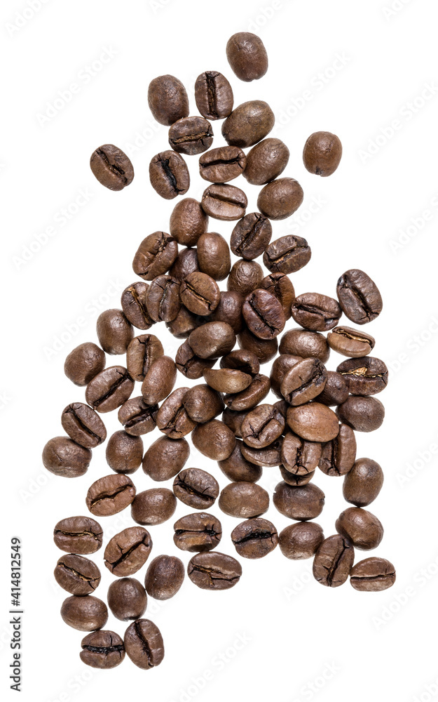 Naklejka premium Coffee beans isolated over white background. Top view. Flat lay. Coffee beans flow in air, without shadow..