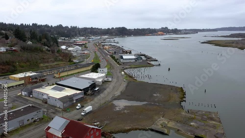 Aerial of Oregon Coast Highway 101 and Coos History Museum