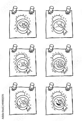 Hand drawn black and white set of cartoon snowman characters in adhesieve note papers. All elements are layered separately. Editable for changing colors. Vector EPS.