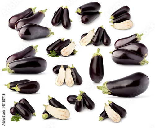 Eggplant isolated on white background. Set of different composition of eggplants.