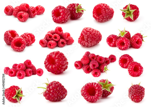 Raspberry isolated on white background. Set of different composition of raspberries.